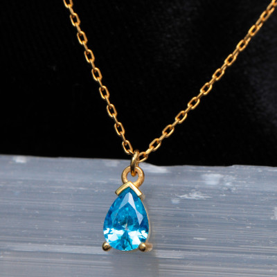 14K Gold Blue Topaz Teardrop Necklace - Dainty 4th Wedding Anniversary Jewelry Gift for Her -