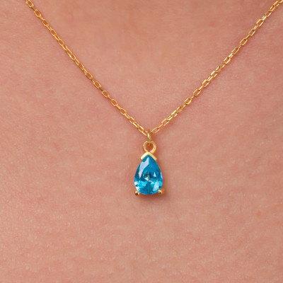 14K Gold Blue Topaz Teardrop Necklace - Dainty 4th Wedding Anniversary Jewelry Gift for Her -