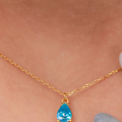 14K Gold Blue Topaz Teardrop Necklace - Dainty 4th Wedding Anniversary Jewelry Gift for Her -