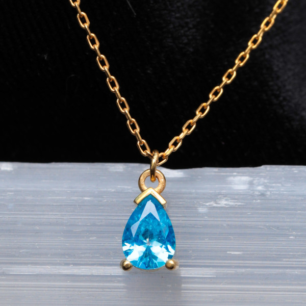 14K Gold Blue Topaz Teardrop Necklace - Dainty 4th Wedding Anniversary Jewelry Gift for Her -