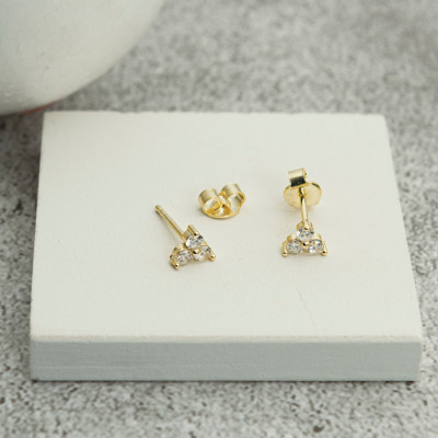 925 Sterling Silver Gold Plated CZ Tria Diamond Dainty Stud Earrings