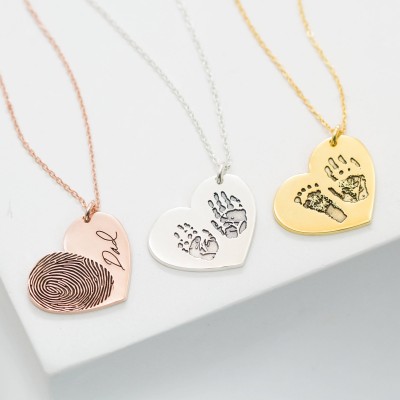 Actual Fingerprint Necklace - Engraved FingerPrint Handwriting Jewelry - Custom Heart Charm - Christmas Gift - Personalized Gift