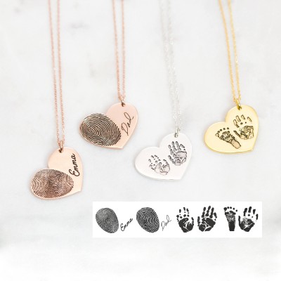 Actual Fingerprint Necklace - Engraved FingerPrint Handwriting Jewelry - Custom Heart Charm - Christmas Gift - Personalized Gift