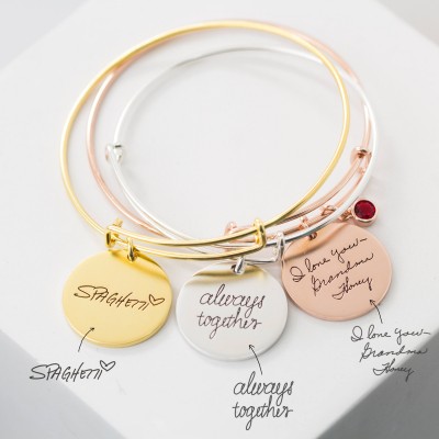 Custom Handwriting Bracelet In Sterling Silver - Engraved Signature Disc Bracelet - Actual Handwriting Jewelry - Expandable Friendship Bangle - Mom Gift