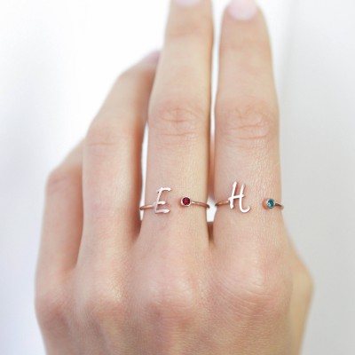 Custom Initial Birthstone Ring • Personalized Sterling Silver Initials Ring • Custom Name Gemstone Mother Ring • Mother Child Ring