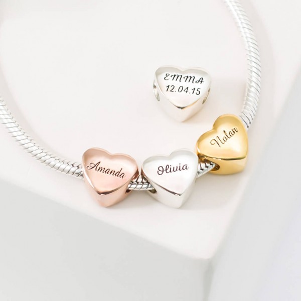 Custom Name Heart Charm • Baby Family Charm Bracelet • PersonalizeD European Bead Jewelry in Gold • Stocking Stuffer • Mother Gift