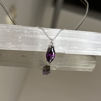 Amethyst Beaded Choker Necklace February Birthstone Elips Shape Pendant Gift for Her