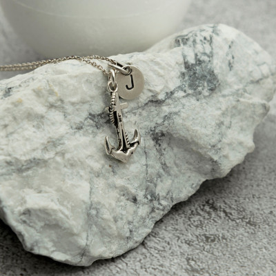 Sterling Silver Men's Anchor Necklace, Personalized Nautical Charm with Initial, Gift for Him,