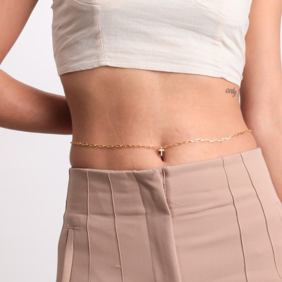 Personalized Silver Belly Chain with Zircon Letter Charm and Dainty Paperclip Waist Chain -