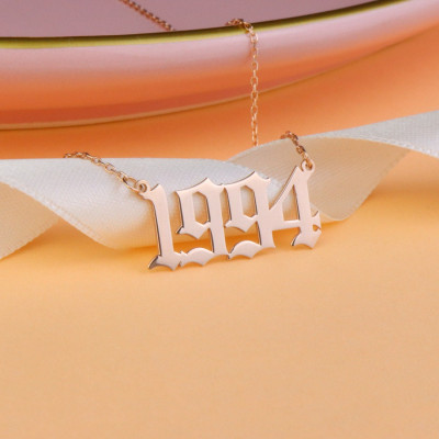 Personalized Birth Year Necklace in Old English Font - 18K Gold, Rose Gold, Silver Anniversary Pendant Christmas Gifts