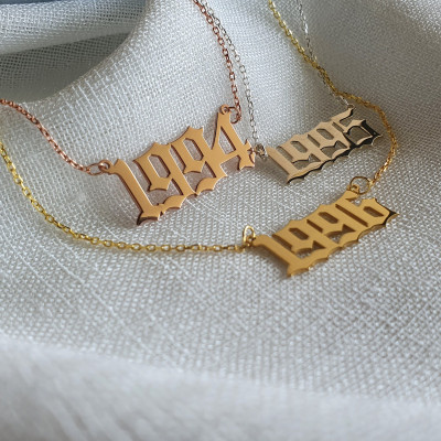 Personalized Birth Year Necklace in Old English Font - 18K Gold, Rose Gold, Silver Anniversary Pendant Christmas Gifts