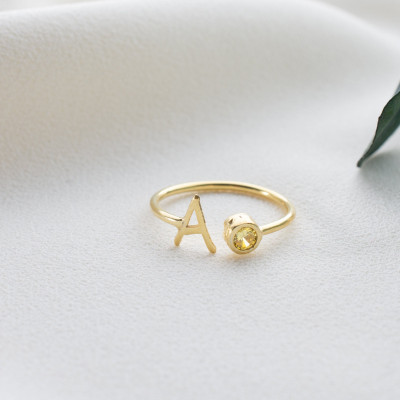 Peridot Birthstone Initial Ring, 925 Sterling Silver Gold-Plated Elegant Love Ring, Dainty Jewelry Gift for Women