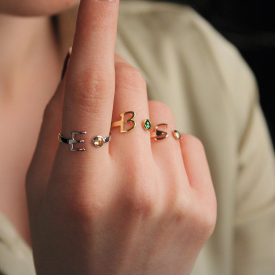 Personalized Birthstone Initial Name Ring for Women - Custom Gift Ring