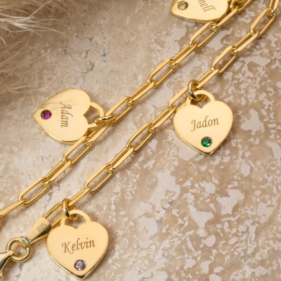 Personalized Engraved Birthstone Name Bracelet with Heart Charm, Perfect Gift for Mom