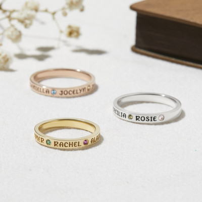 Customizable Mother's Birthstone Ring with Personalized Engraved Names - Silver, Gold, Rose Gold - Perfect Gift for Mom, Daughter, Grandma - 1-4 Birthstones -