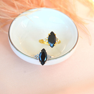 Marquise Cut Black Onyx and Diamond Pave Silver Ring - Engagement Ring Gift for Mom