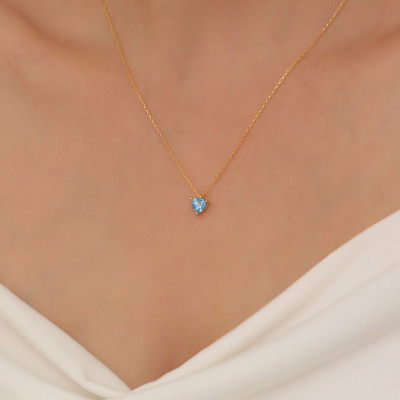 Gold Blue Topaz Heart Necklace and Earrings Jewelry Set - Gemstone Gift for Her