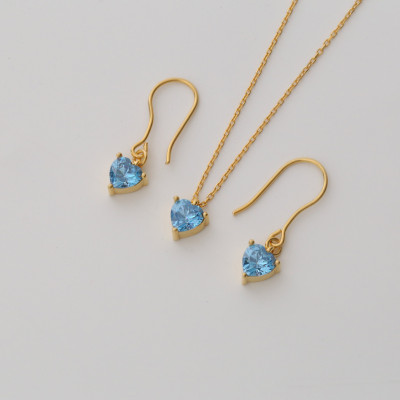 Gold Blue Topaz Heart Necklace and Earrings Jewelry Set - Gemstone Gift for Her