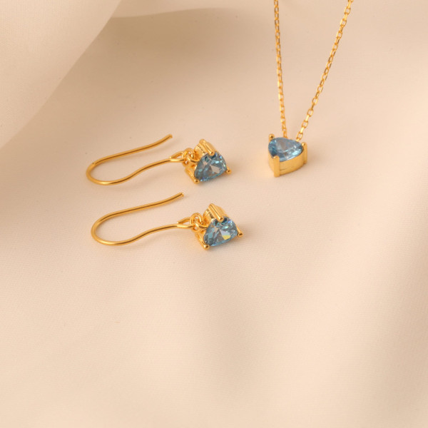 Gold Blue Topaz Heart Necklace and Earrings Jewelry Set - Gemstone Gift for Her