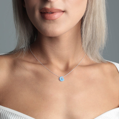 14k Gold or 925 Sterling Silver Initial Opal Letter Necklace, Blue and White Opal Bead Chain Necklace