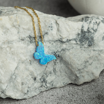 Sterling Silver Blue Opal Butterfly Pendant Necklace, Dainty Gift for Mother or Daughter,