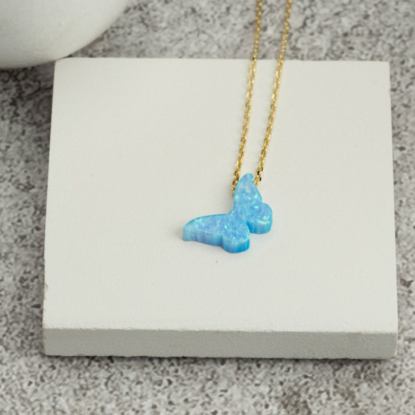 Sterling Silver Blue Opal Butterfly Pendant Necklace, Dainty Gift for Mother or Daughter,