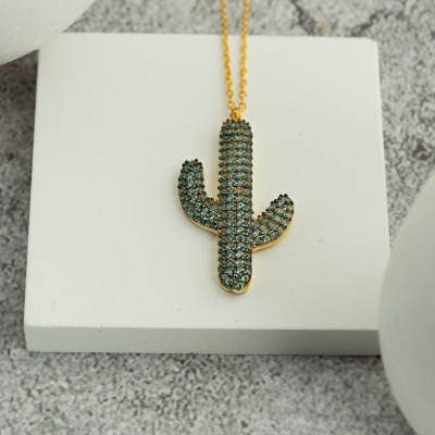 Sterling Silver Green Cubic Zirconia Cactus Pendant Necklace, Desert Nature Lover Gift