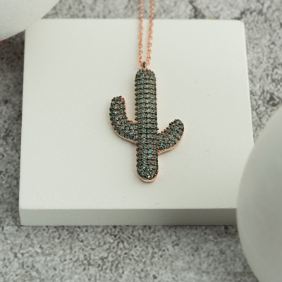 Sterling Silver Green Cubic Zirconia Cactus Pendant Necklace, Desert Nature Lover Gift