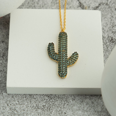 Sterling Silver Cactus Necklace with Green Zircon Stone for Women - Desert Nature Lover Gift, Best Friend Jewelry