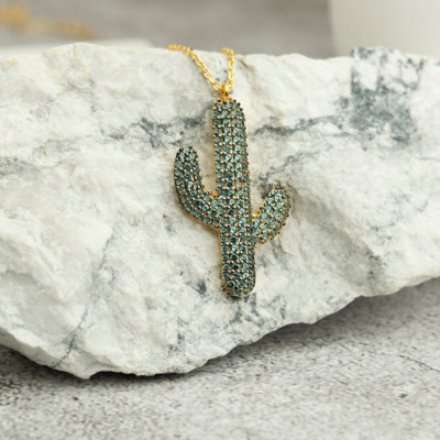 Sterling Silver Cactus Necklace with Green Zircon Stone for Women - Desert Nature Lover Gift, Best Friend Jewelry