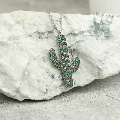 Sterling Silver Cactus Necklace with Green Zircon Stone for Women - Desert Nature Lover Gift, Best Friend Jewelry