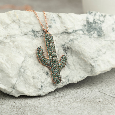 Sterling Silver Cactus Necklace with Green Zircon Stone for Women - Desert Nature Lover Gift, Best Friend Jewelry