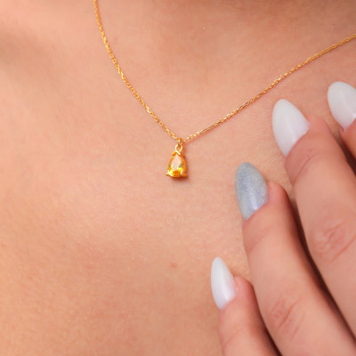 Gold Filled Minimalist Citrine Teardrop Choker Necklace, Beaded Crystal Jewelry Gift for Her