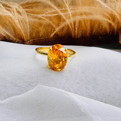 Gold Solitaire Citrine Engagement Ring - November Birthstone, 12x4mm CZ, Gift for Her,