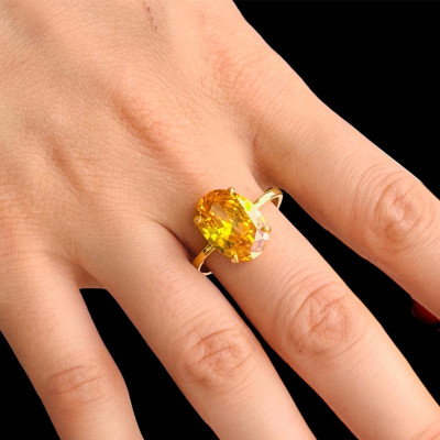 Gold Solitaire Citrine Engagement Ring - November Birthstone, 12x4mm CZ, Gift for Her,