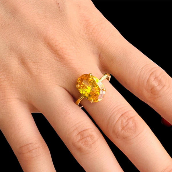 Gold Solitaire Citrine Engagement Ring - November Birthstone, 12x4mm CZ, Gift for Her,