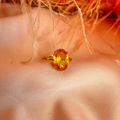 Gold Solitaire Citrine Engagement Ring - November Birthstone, 12x4mm CZ, Gift for Her,