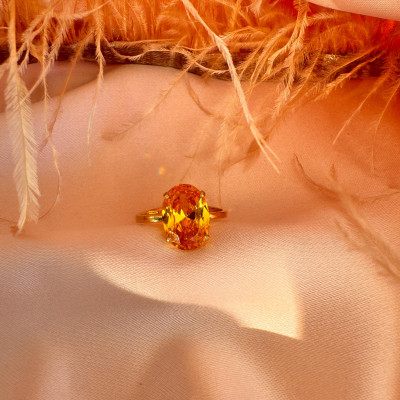 Gold Solitaire Citrine Engagement Ring - November Birthstone, 12x4mm CZ, Gift for Her,