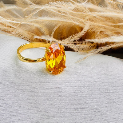 Gold Solitaire Citrine Engagement Ring - November Birthstone, 12x4mm CZ, Gift for Her,