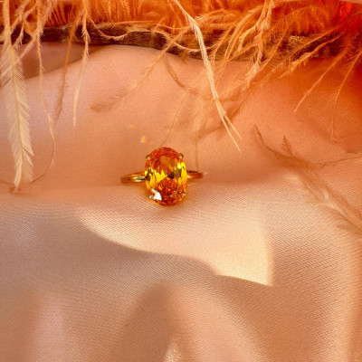 Gold Solitaire Citrine Engagement Ring - November Birthstone, 12x4mm CZ, Gift for Her,