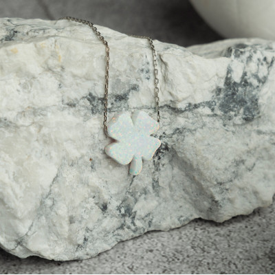 Four Leaf Clover Silver Opal Necklace, Lucky Pendant for Women, Gift for Mother or Daughter, Girls Jewelry