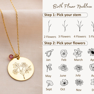 Silver Birth Month Flower Engraved Necklace - Personalized Birthflower Family Bouquet Mother's Day Gift