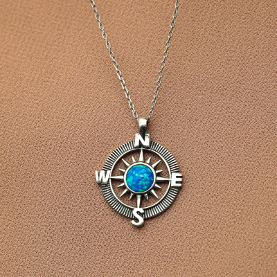 Blue Opal Compass Necklace for Women, Sterling Silver, Anniversary Gift, Promoted Gift