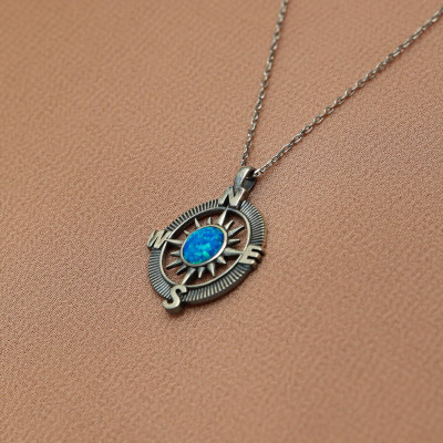 Blue Opal Compass Necklace for Women, Sterling Silver, Anniversary Gift, Promoted Gift