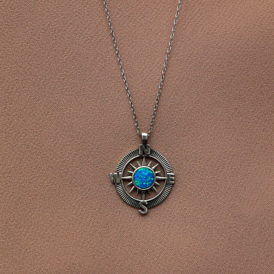 Blue Opal Compass Necklace for Women, Sterling Silver, Anniversary Gift, Promoted Gift