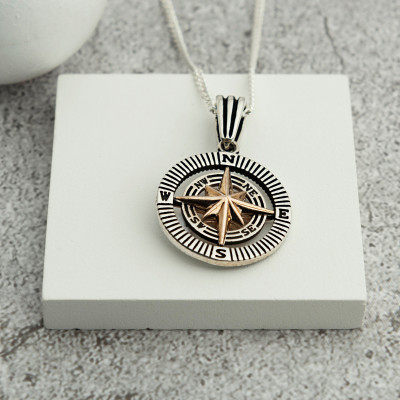 Sterling Silver 3D Compass Necklace for Men and Women, North Star Pendant, Gift for Him