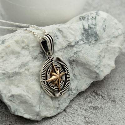 Sterling Silver 3D Compass Necklace for Men and Women, North Star Pendant, Gift for Him