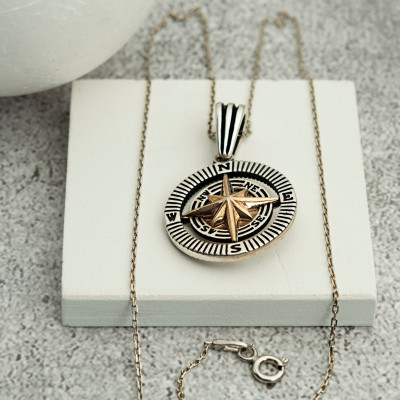 Sterling Silver 3D Compass Necklace for Men and Women, North Star Pendant, Gift for Him