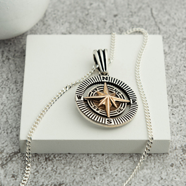 Sterling Silver 3D Compass Necklace for Men and Women, North Star Pendant, Gift for Him