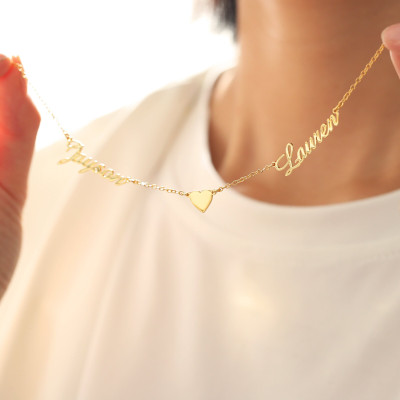 Gold Personalized Double Name Heart Necklace for Couples - Custom Jewelry, Mother's Day Gift